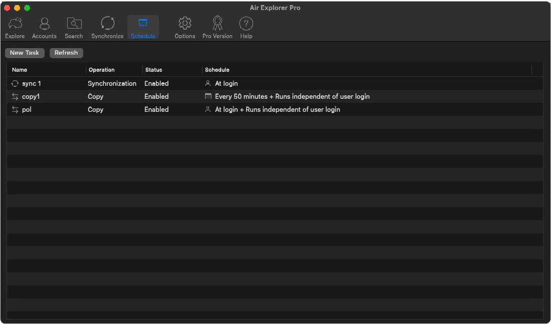 Air Explorer Pro scheduler interface on macOS displaying a list of automated synchronization and copy tasks with status and frequency settings.