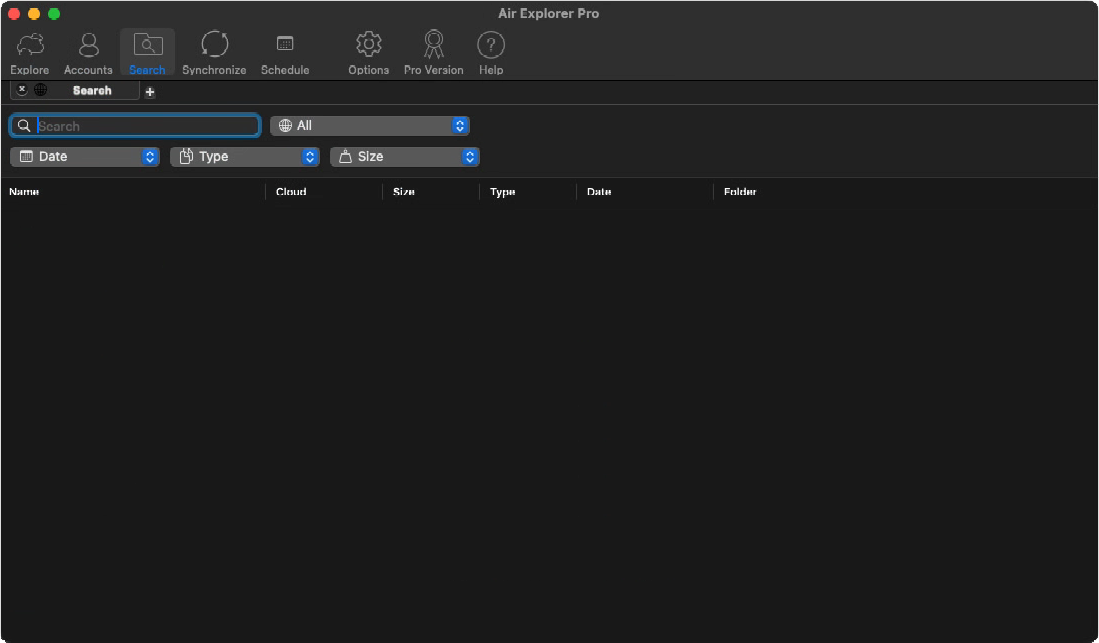 Air Explorer Pro search interface on macOS showing file filtering options by cloud provider, date, type, and size in dark mode.