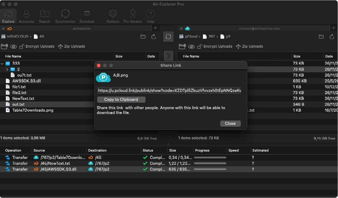 Air Explorer Pro share link window on macOS