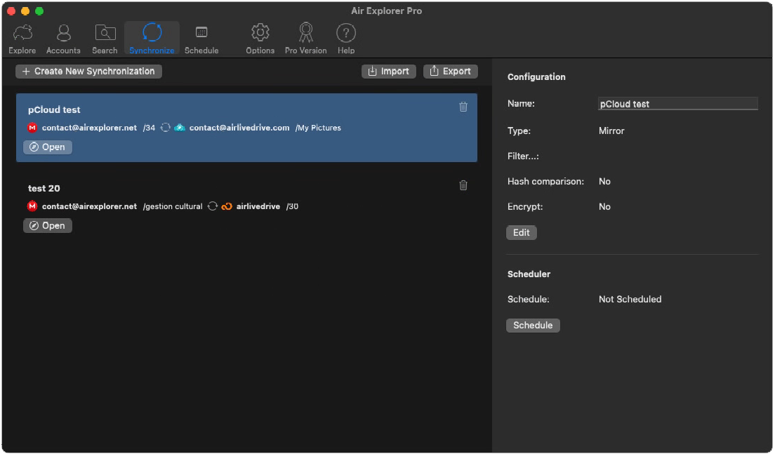 Air Explorer Pro synchronization manager on macOS displaying a list of configured sync tasks