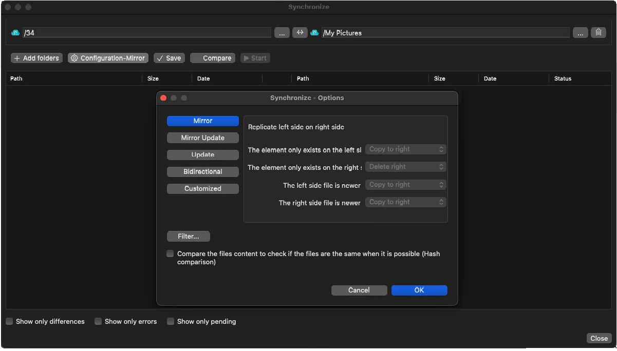Air Explorer Pro synchronization options on macOS showing Mirror, Update, and Bidirectional modes with advanced file replication settings.