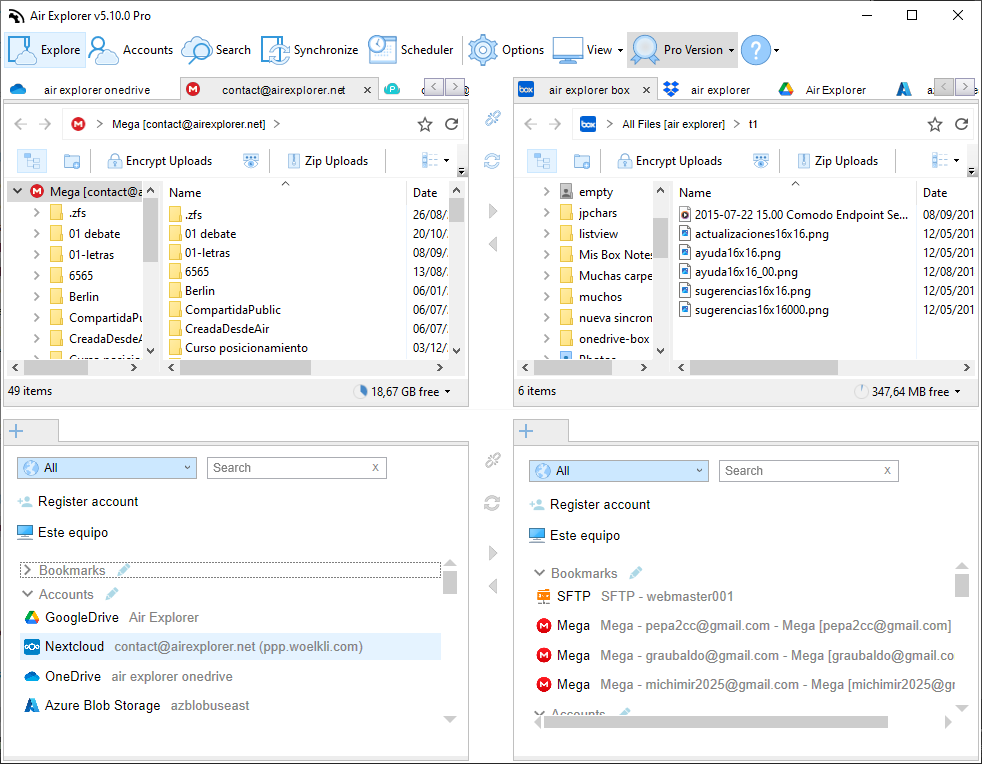 Managing Four Cloud Accounts in One Screen in Air Explorer