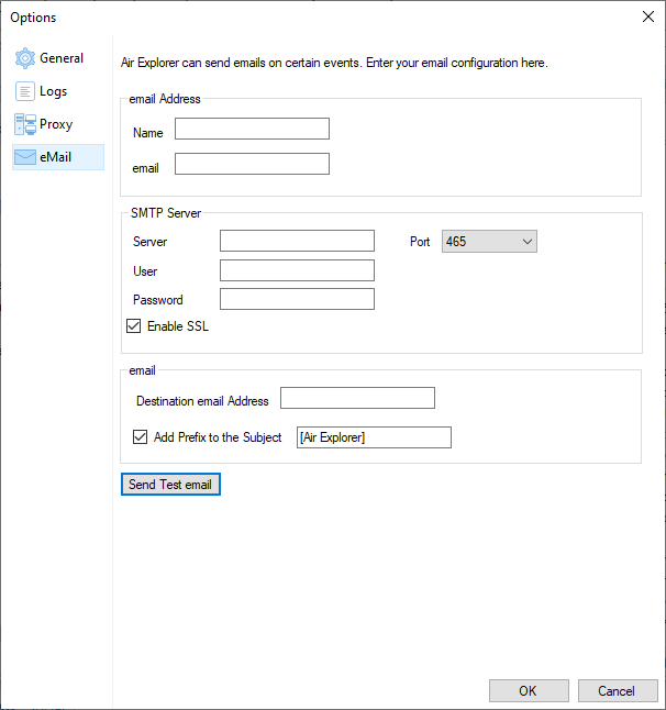 Screenshot de la configuracion de Air Explorer para añadir el email