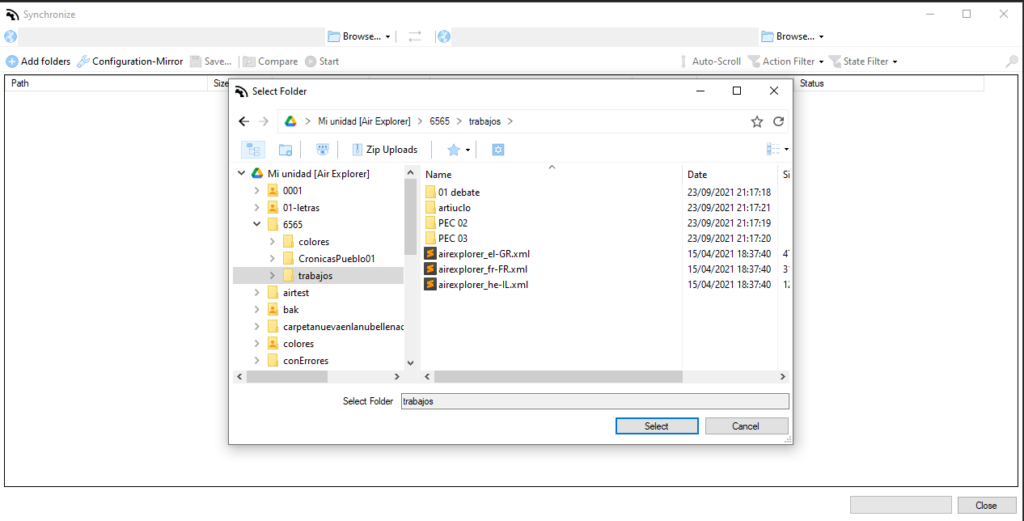 Ventana de configurar la sincronización